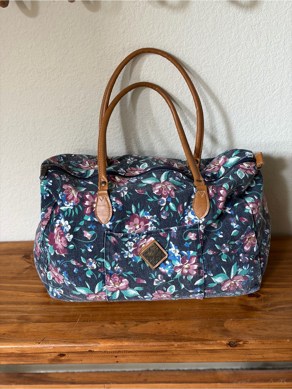 Floral Navy Canvas Tote with Brown Faux Leather Handles